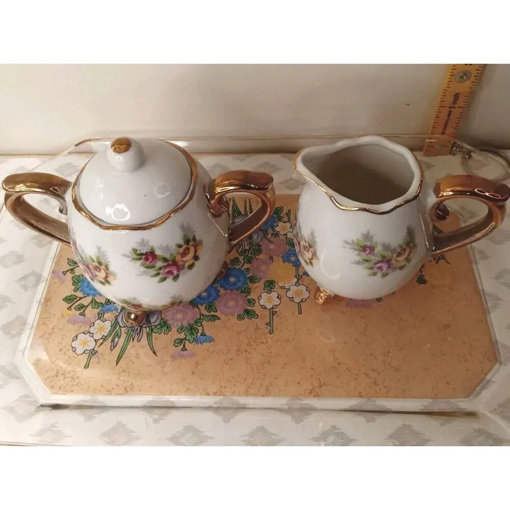 Vintage Enesco Floral Small Sugar Bowl and Creamer Set Tray Not For Sale